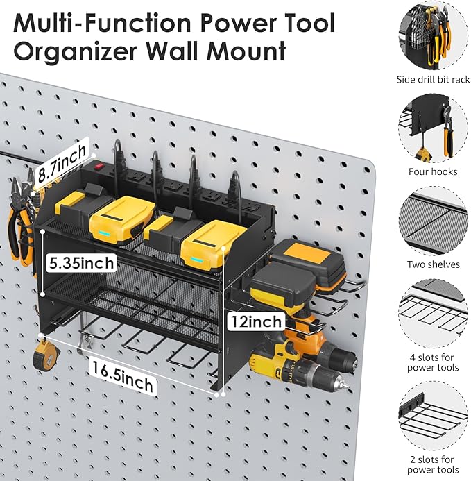CCCEI Modular Power Tool Organizer Wall Mount Charging Station, Black 6 Drills Holder with 8 Plug Power Strip 10FT, Garage Drill Battery Heavy Duty Metal Shelf, Utility Rack with Hooks, Side Storage.-NeatNest