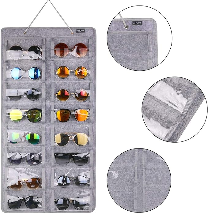 AROUY Sunglasses Organizer Storage, Hanging Dust Proof Wall Pocket Glasses Organizer - 16 Felt Slots Sunglass Organizer Holder with Metal Hook and Sturdy Rope (Gray, Dust Proof)-NeatNest