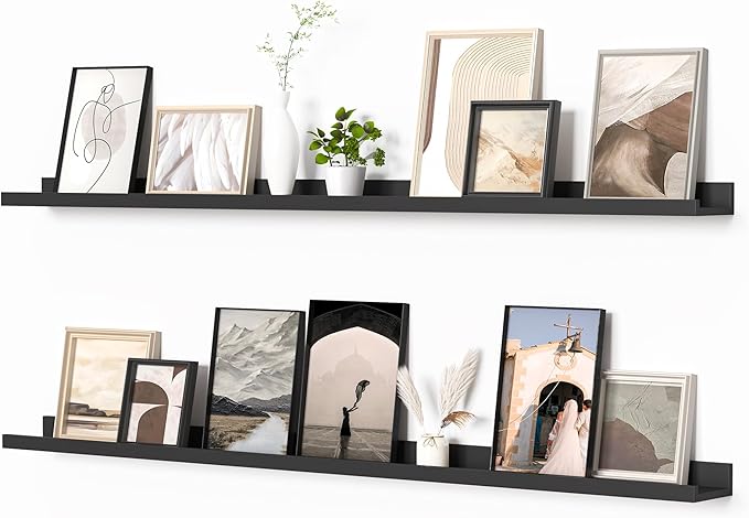 Heimlove Picture Ledge Shelf, Floating Shelves Set of 2, 56 Inches Picture Shelf for Wall with Ledge, Kids Bookshelf Wall Mounted for Living Room Bedroom Decor Books Photo Frames, Black-NeatNest