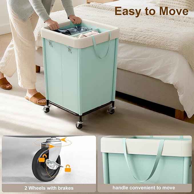 WOWLIVE 160L Rolling Laundry Hamper with Wheels, Heavy Duty Laundry Basket, Large Laundry Cart with Steel Frame and Removable Bag, Dirty Clothes Hamper for Home, Closet, Dorm, Bathroom, Mint Green