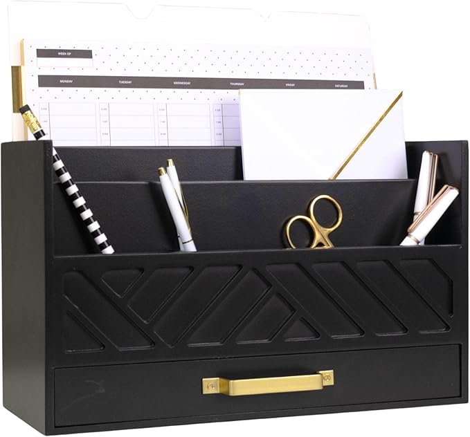 BLU MONACO Black Mail Organizer with Drawer and Gold Handle – Desktop Mail Holder and Office Supplies Storage – Home Office Desk Accessories – Letter Sorter and Paper Organizer-NeatNest