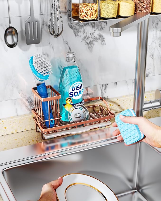 Consumest Sponge Holder for Kitchen Sink - Sink Caddy Kitchen Organizer with Removable Drip Tray for Countertop Dish Soap Dispenser Brush Storage Accessories 304 Stainless Steel, Rose Gold-NeatNest