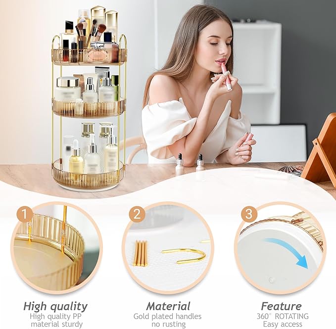 360 Rotating Makeup Organizer for Vanity,3 Tier Large Capacity Skincare Organizers,Bathroom Counter Organizer, transparent Spinning Perfume Organizer & Vanity Organizer (NEW-GOLD, 3 Tier)-NeatNest
