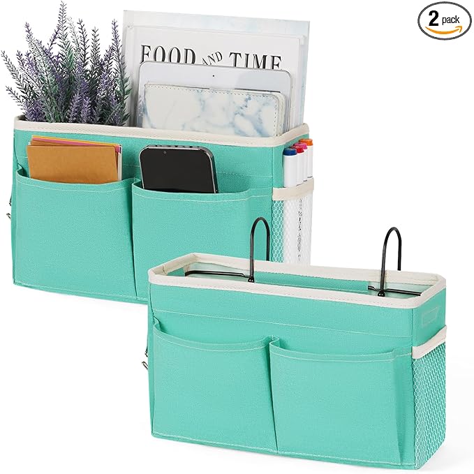 Bedside Caddy Hanging Storage with Water Bottle Holder for Bunk and Hospital Beds, Dorm Rooms (2 Pack Light Green)-NeatNest