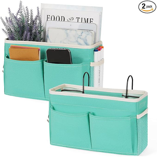 Bedside Caddy Hanging Storage with Water Bottle Holder for Bunk and Hospital Beds, Dorm Rooms (2 Pack Light Green)-NeatNest