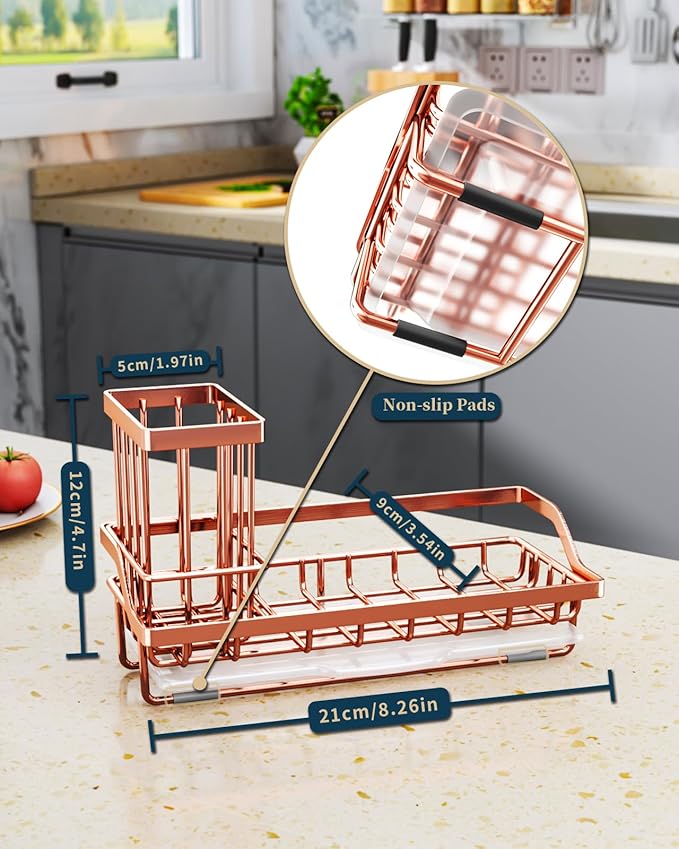Consumest Sponge Holder for Kitchen Sink - Sink Caddy Kitchen Organizer with Removable Drip Tray for Countertop Dish Soap Dispenser Brush Storage Accessories 304 Stainless Steel, Rose Gold-NeatNest