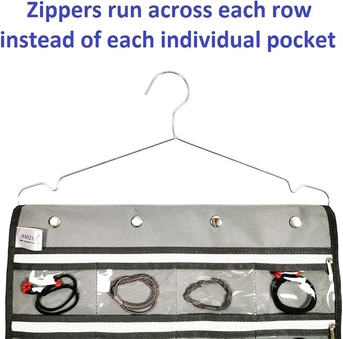 Dual Sided Hanging Jewelry Organizer with Hanger for Closet Necklace Earrings Bracelet Ring Travel Holder (56 Zippered Clear Pockets Grey)-NeatNest