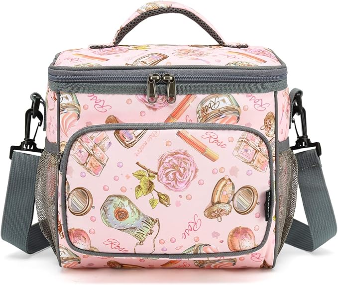 FlowFly Insulated Reusable Lunch Bag Adult Large Lunch Box for Women and Men with Adjustable Shoulder Strap,Front Zipper Pocket and Dual Large Mesh Side Pockets,Rose-NeatNest