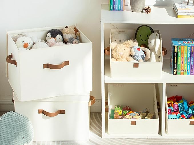 StorageWorks Fabric Storage Bins with Lid, Decorative Storage Boxes for Shelves, Stackable Closet Organizer Basket with Handles, Jumbo, Ivory White, 2-Pack-NeatNest