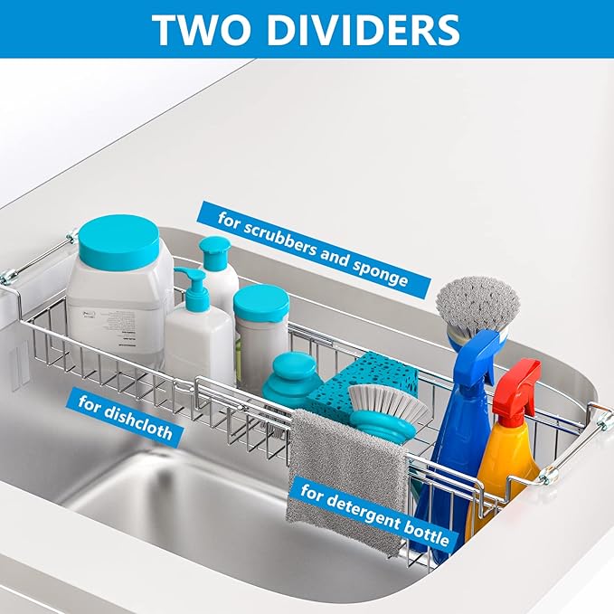 Over The Kitchen Sink Caddy Sponge Holder Organizer Drying Rack Expandable for Sponge Brush Soap Dish Cloth Rag Smaller 14.5" to 22", Stainless Steel-NeatNest