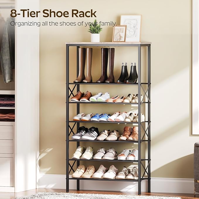 8 Tier Shoe Rack, Shoe Storage Organizer, Large Capacity Shoe Shelf Holds 32 Pairs of Shoes, Durable and Stable, for Entryway, Hallway, Closet, Dorm Room, Greige and Black SS08BG-NeatNest