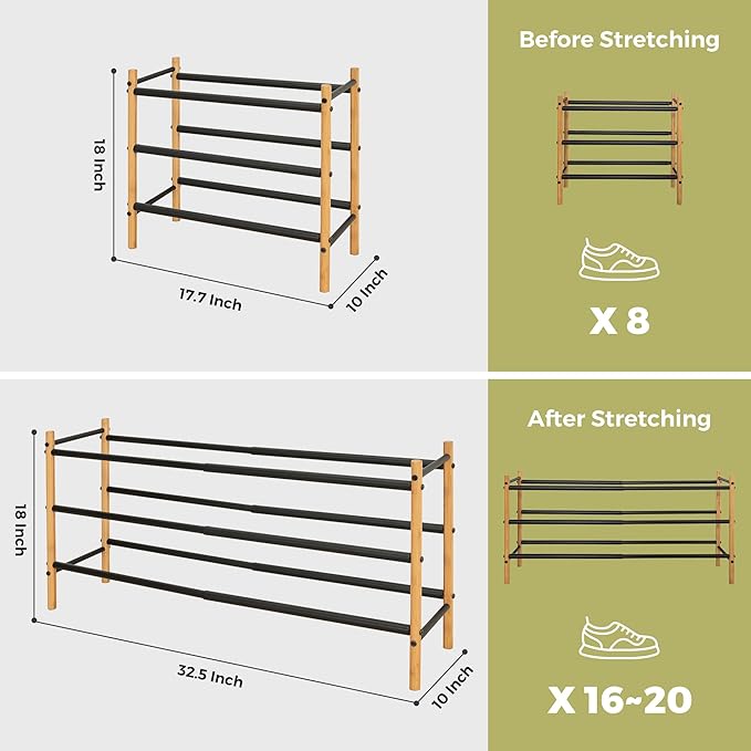 Shoe Rack, Expandable Shoe Storage Organizer for Closet, Bamboo Metal Shoe Shelf for Entryway, Adjustable Small Shoe Rack for Front Door Entrance, Small Space, Garage, 3 Tier Black-NeatNest