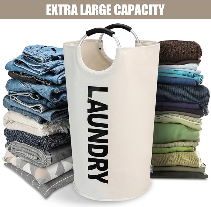 DOKEHOM 125L X-Large Laundry Basket, Collapsible Laundry Bag, Freestanding Tall Clothes Hamper, Foldable Washing Bin (Beige)-NeatNest