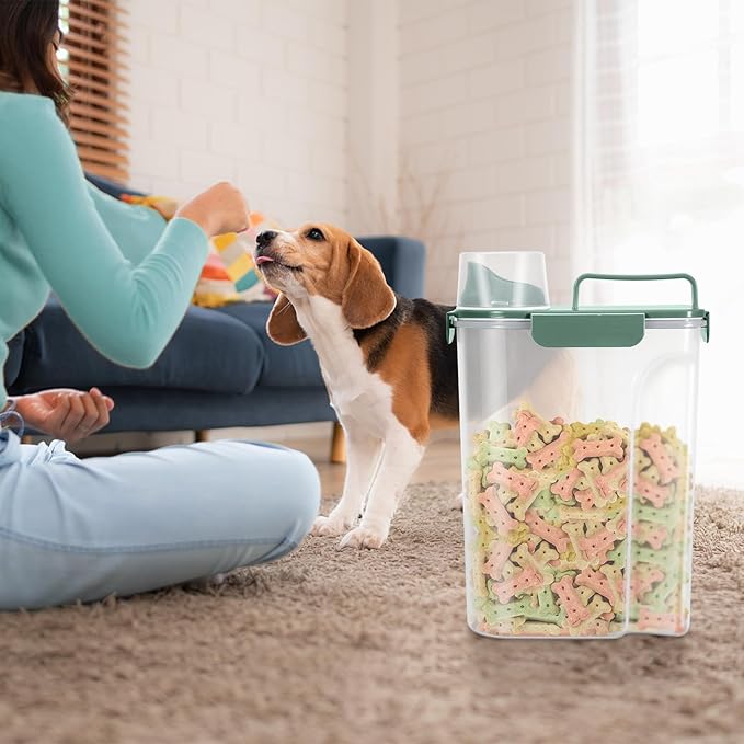 Dog Food Storage Container, Upgraded Large Nozzle BPA-free, 8-12 LBS Plastic Pet Food Storage Containers, With 4 Sealed Clasps, 1 Measuring Cup and Handle (2, Green+Dark Green, 5L)-NeatNest