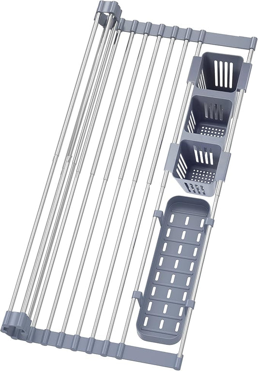 BBXTYLY Expandable Roll Up Dish Drying Rack Up to 22.8''with 2 Storage Baskets,Over The Sink Kitchen Rolling up Dish Drainer Drying Rack, Foldable,Rollable,for Kitchen Dishes(Expandable Width Size)-NeatNest