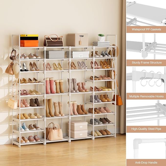 ROJASOP Large Shoe Rack Organizer for Entryway Closet 64-68 Pairs 9-Tier Heavy Duty Tall Garage Shoe Rack Shoe Shelf Shoes Storage with 18 Pcs Removable Side Hooks for Bedroom and Garage White-NeatNest