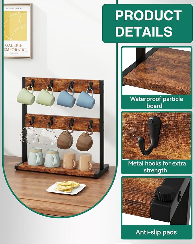 IBUYKE Wood Coffee Mug Holder for Countertop,16 Hook Mug Tree Holder Rack with Storage Base,Mug Display Organizer,Mug Holders for Home Kitchen, Rustic Brown UTBJ001H-NeatNest