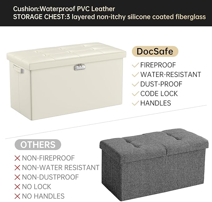 DocSafe Storage Ottoman Bench with Lock,Fireproof 30 Inches Folding Bench Foot Rest Stool Storage Chest Safe for Living Room,Bedroom,Home Office,Waterproof Leather Ottoman with Handles,Beige-NeatNest
