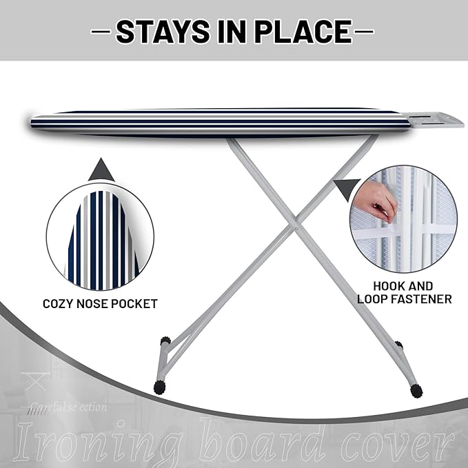 Extra Thick Ironing Board Cover and Pad, Navy Blue and Gray Stripes 15x54 Ironing Board Cover, Resist Scorching and Staining,Elastic Edges,Striped Boho Minimalist Modern