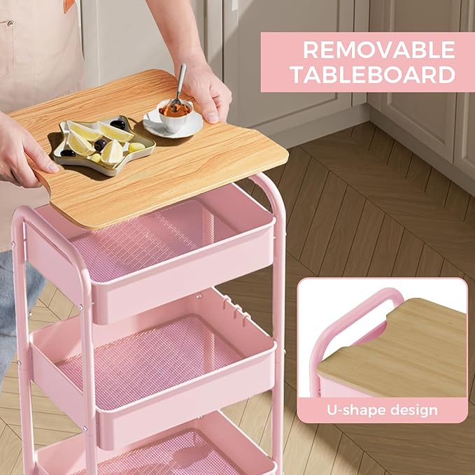 3 Tier Rolling Cart with Table top, Metal Rolling Utility Cart, Sturdy Storage Organizer Cart with Locking Wheels & Hooks for Office, Classroom, Kitchen and Bathroom,Pink-NeatNest