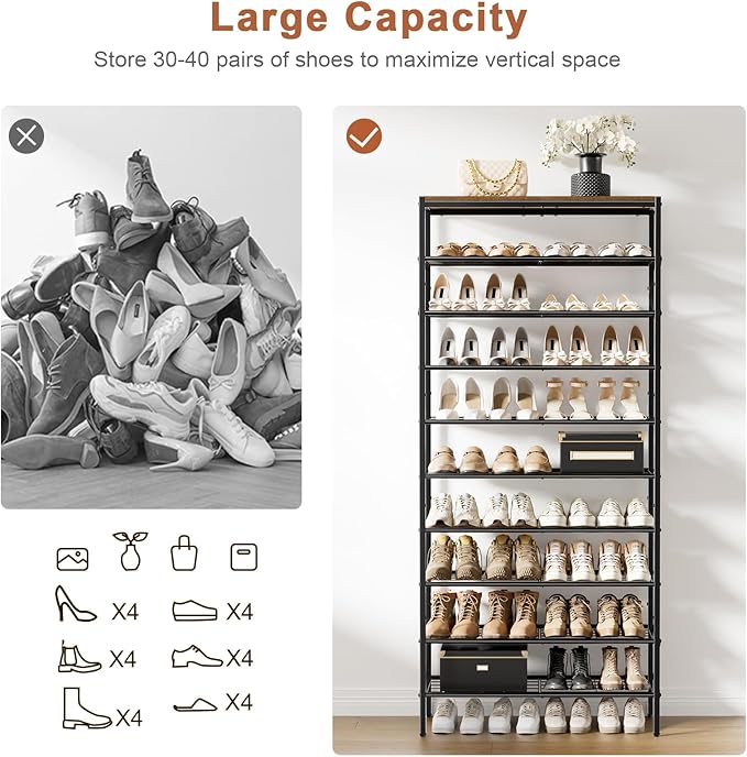 10-Tier Tall Shoe Rack Organizer Shoe Storage for Entryway 30-40 Pairs Metal Shoe Rack for Closet Heavy-Duty Shoe Rack with Wooden Top Shelf for Garage Rustic Brown-NeatNest