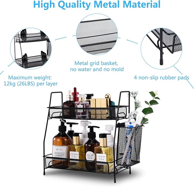 LEMIKKLE Countertop Organizer for Bathroom Counter, The Organizer for Bedroom, Spice Rack Organizer for Kitchen Counter Shelf with Small Basket(Black)-NeatNest