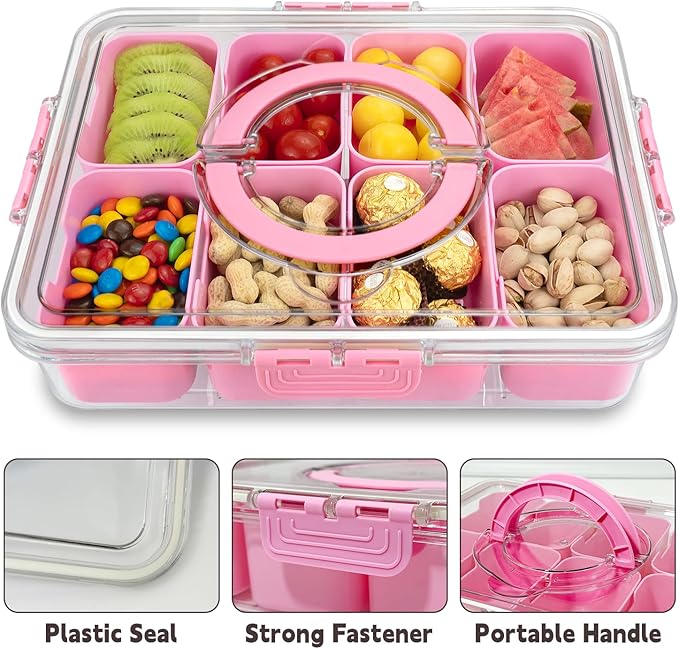 Divided Serving Tray with Lid and Handle, 8 Compartments Snack Box, Portable Platter for Candy Fruits Nuts, Snack Party Entertaining Picnic-NeatNest
