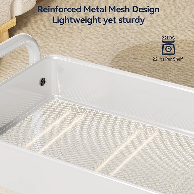YASONIC Metal 3 Tier Rolling Cart - Heavy Duty Utility Cart with Lockable Wheels, Hanging Cups, Hooks, Mesh Rolling Storage Cart Craft Cart Organizer, Lightweight and Sturdy, White