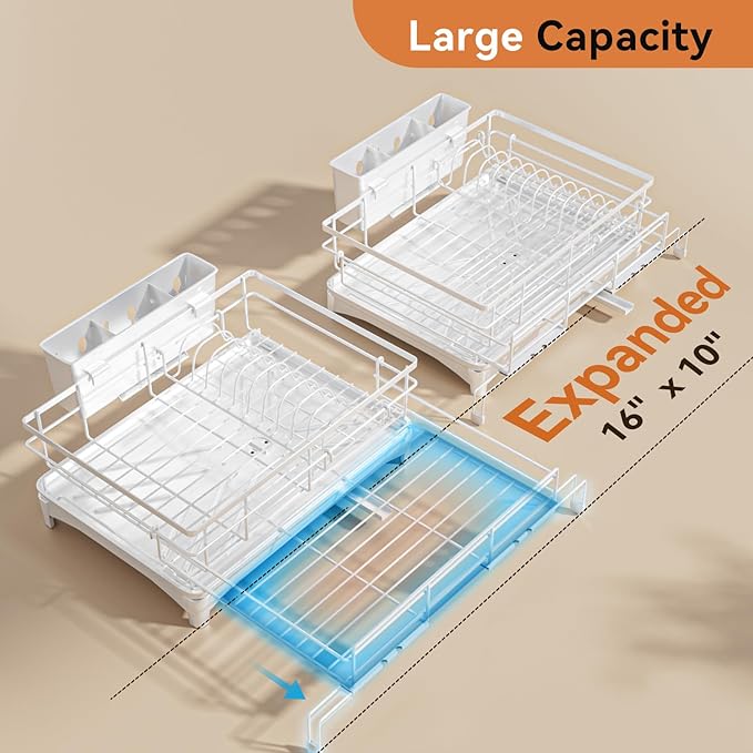 Dish Drying Rack - Expandable Rack, Large Capacity Dish Drainer for Kitchen Counter, Rust-Proof with Utensil Holder, White