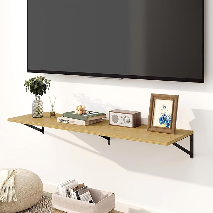 Fun Memories Floating Shelves for Wall, 12 Inch Deep Floating Shelves Set of 2, 48W x 12D Large Wall Shelf with Sturdy Metal Brackets for Living Room, Bathroom, Bedroom and Kitchen, Oak-NeatNest