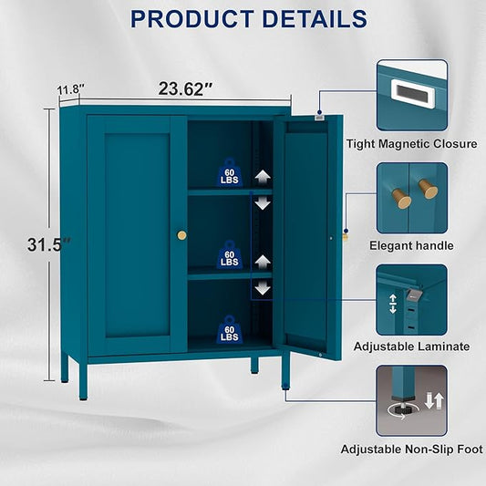 Coffee Bar Cabinet, Metal Sideboard Buffet Cabinet,Metal Storage Cabinet with 2 Doors and Adjustable Shelves for Kitchen Dining Room Living Room, Entryway, Bathroom,Office (Blue, 31.5" H)-NeatNest