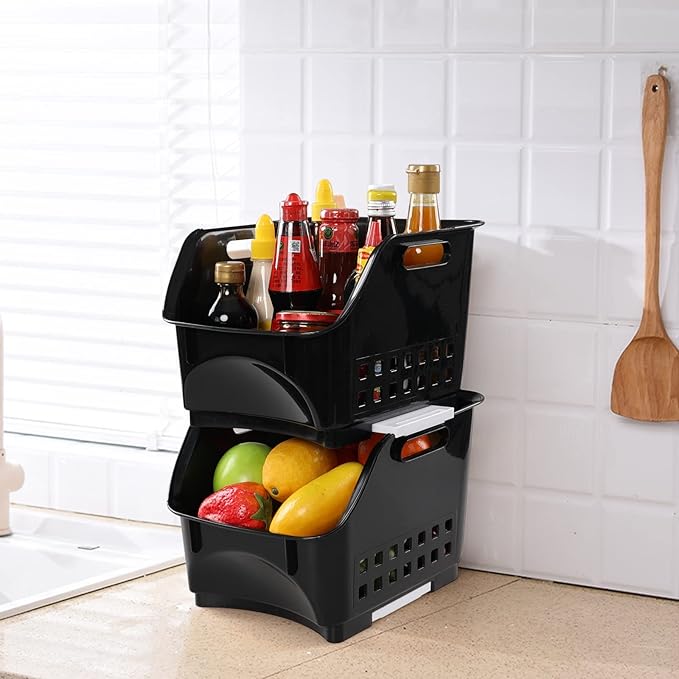 3 tier Kitchen Stacking Open Storage Bins, Plastic Stackable Storage Baskets