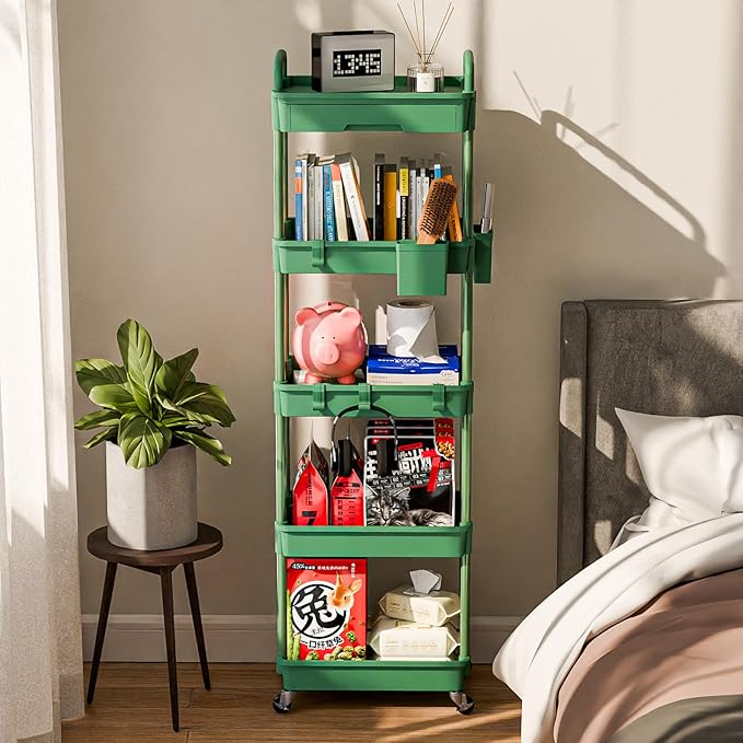 5 Tier Rolling Cart Organizer,Bathroom Cart Organizers with Wheels Laundry Room Organization Mobile Shelving Unit Utility Cart Storage Shelves Multi-Functional for Office, Home(Green)-NeatNest