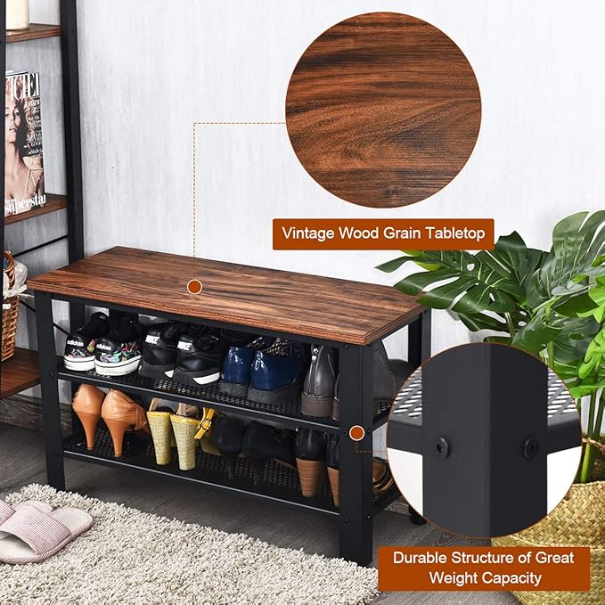 Giantex 3-Tier Shoe Rack Bench, Industrial Shoe Bench with 2 Mesh Storage Shelves & Seat for Entryway, Front Door, Garage Shoe Storage (Rustic Brown)