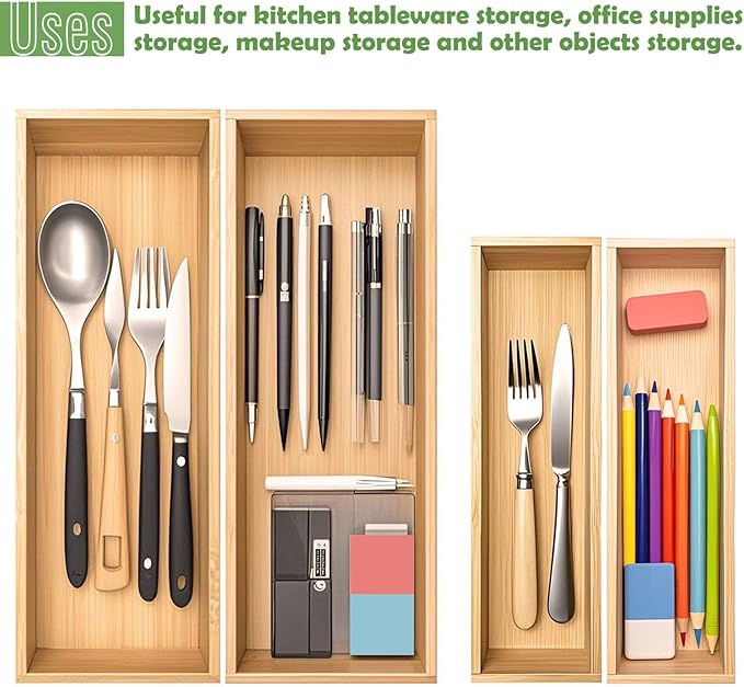 Bamboo Drawer Organizer, Utensil Organizer for Kitchen, Bamboo Storage Box Wood Silverware Tray for Drawer (Set of 4)-NeatNest