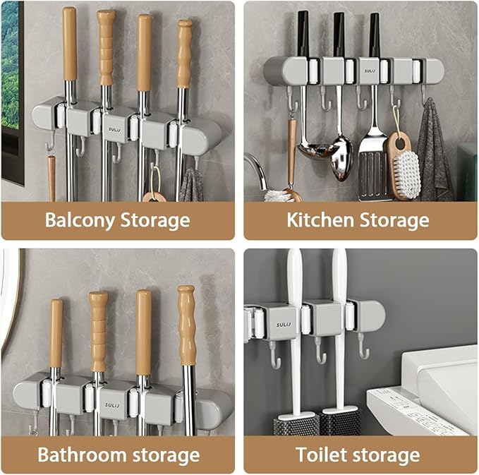 2Pcs Broom Mop Holder with Hooks Wall Mounted Broom Storage Rack No Drilling Self-Adhesive Mop Broom Organizer Mop Holder Hanger for Bathroom Office Kitchen Closet Garage,Grey (2)-NeatNest