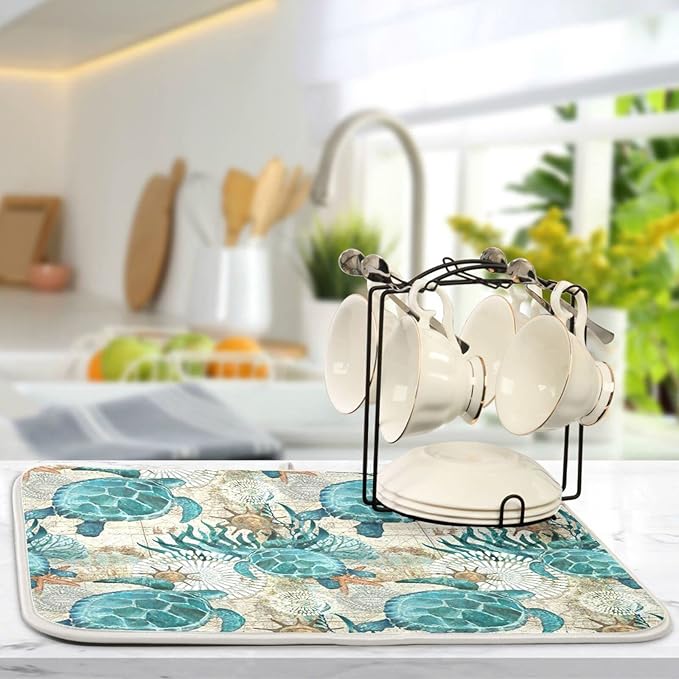 Absorbent Dish Drying Mat for Kitchen Counter - Watercolor Lake Bottom Microfiber Drying Pad, Reversible Drainer Mats for Countertop, Small 16 x 18 inch