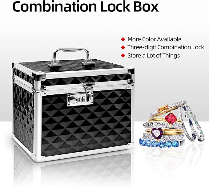 Medication Combination Lock Boxes with Code for Personal Items, Medicine Lockbox for Documents 10 x 7.25 x 7.75 Inches Plaid Black