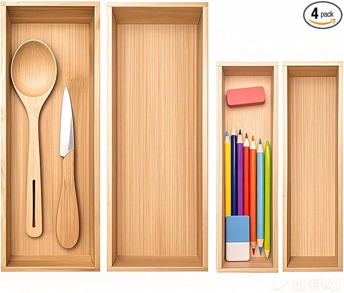Bamboo Drawer Organizer, Utensil Organizer for Kitchen, Bamboo Storage Box Wood Silverware Tray for Drawer (Set of 4)-NeatNest