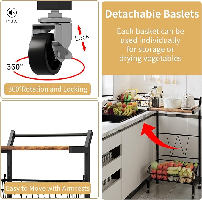 DGSNADGO Slim Rolling Storage Cart, 4-Tier Kitchen Cart on Wheels, Narrow Utility Cart with Handle and Wooden Tabletop for Small Space in Kitchen, Living Room, Bathroom, Laundry Room (Rustic Brown)