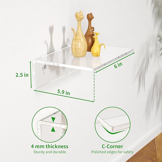 FEMELI 2 PCS 6" Acrylic Floating Shelves, Clear Shelf for Display, Plant, Perfume, Book in Bedroom Living Room Office, 5mm Thick Wall-Mounted Acrylic Shelves for Wall