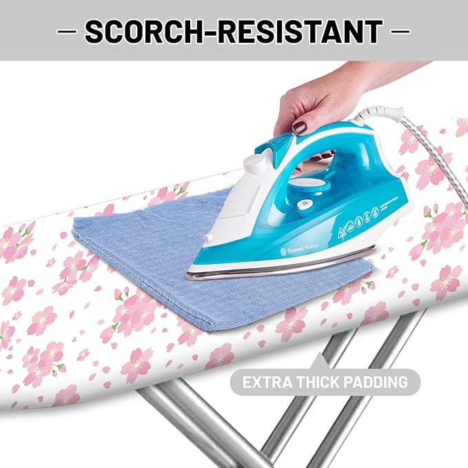 Extra Thick Ironing Board Cover and Pad, Cherry Blossoms 15x54 Ironing Board Cover, Resist Scorching and Staining,Elastic Edges,Pink Floral Leaves Spring Flower White