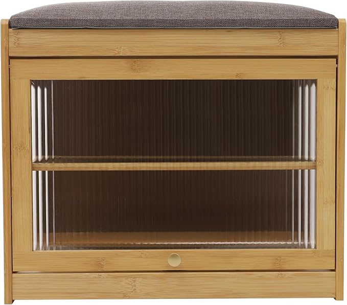 Eapmic Shoe Storage Bench, Entryway Shoe Rack Bench with Padded Seat Cushion, 2-Tier Shoe Cabinet, Bamboo Shoe Organizer for Hallway Bedroom Living Room Front Door (Burlywood, 19.69 * 12.6 * 17.32in)