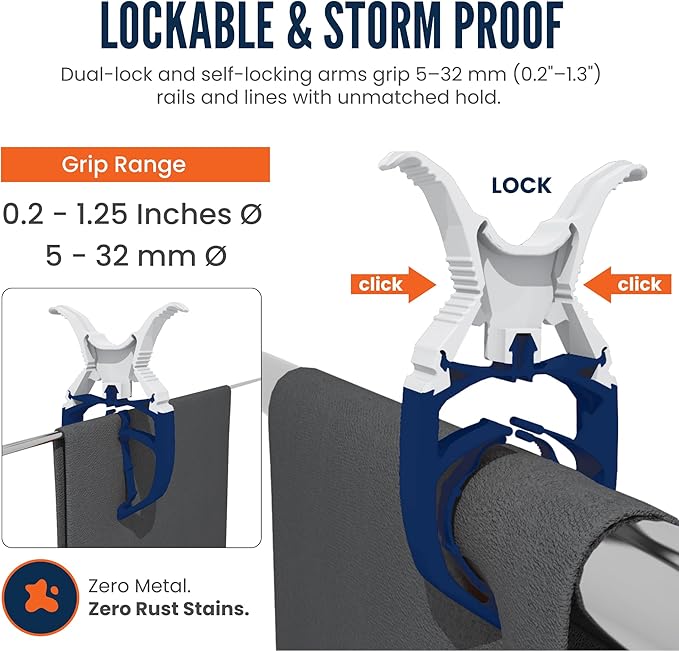Navy Blue 6-Pack - Storm Proof & Lockable Clothespin - Large Clips fit Lines & Rails - Multi-Purpose Towel Clips for Boat Accessories, Chairs, RV, Camping, Fishing, Stroller, Balcony, Tarps