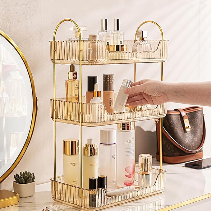 Bathroom Counter Organizer Countertop, 3 Tier Makeup Perfume Shelf Storage, Skincare Cosmetic Tray for Dresser Vanity - Gold-NeatNest