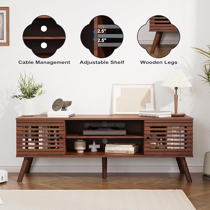 53" Mid Century Modern TV Stand for 50/55/60 inch TV, TV Media Console with Slatted Doors for TVs up to 60", Entertainment Center with Storage for Living Room, Bedroom, Walnut-NeatNest
