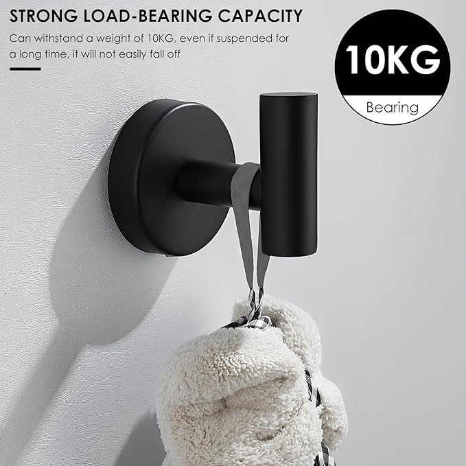 4PCS Bathroom Towel Hook, Black Coat Robe Hook Matte Black, Stainless Steel Wall Hook for Bathroom Bedroom Kitchen Cabinet Closet Hotel, Heavy Duty Drill-Installed Door/Wall Hanger