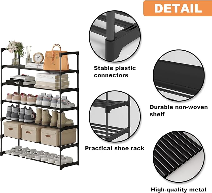 Calmootey 6-Tier Shoe Rack, Tall Large Capacity 30 Pairs Shoes Storage Organizer, Stackable Wide Shoe Shelf for Entryway, Hallway, Black-NeatNest