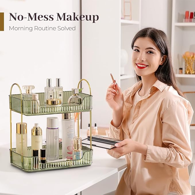 Aveniee Bathroom Counter Organizer, 2 Tier Perfume Skin Care Countertop Storage Shelf, Vanity Makeup Tray for Cosmetic Skincare Lotion,Green-NeatNest