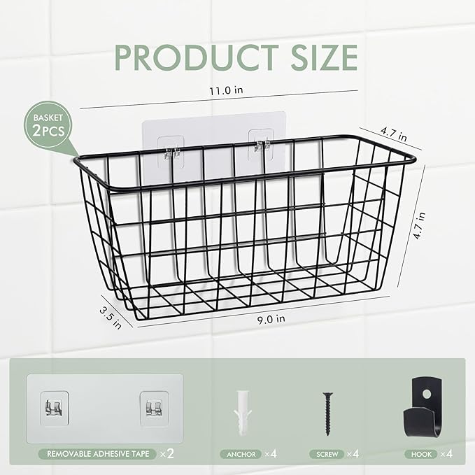 LIGHT DUST Wire Hanging Wall Basket, 2 Black Baskets Set, Adhesive Wall Mount Organizer for Pantry Kitchen RV Bathroom Cabinet Storage Organization-NeatNest